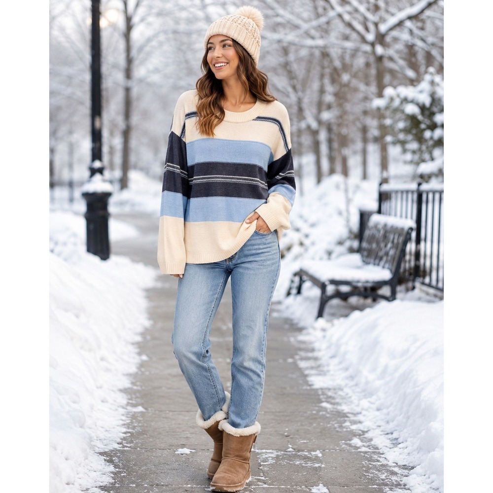 Originality Women's Striped Crewneck Sweater Blue Cream XL NWT